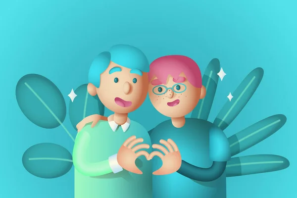 Kucaklaşan iki eşcinsel adam. Birbirine aşık Lgbt erkekleri. Vektörde 3B illüstrasyon