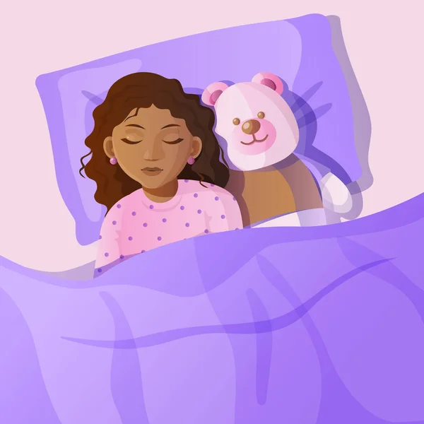 Top View Little Dark Skinned Girl Sleeping Bed Teddy Bear — Stockový vektor
