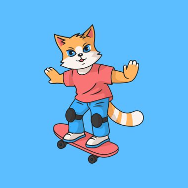 Cute ginger cat rides a skateboard. Cartoon vector character for children
