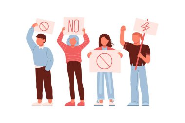 Gençleri protesto ediyor, pankart ve pankart tutuyor. Düz vektör illüstrasyonu