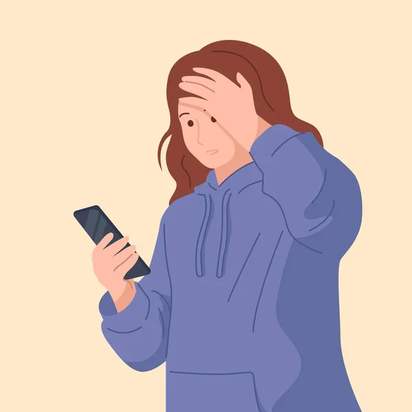 Girl Shocked Message News Young Girl Hoodie Phone Her Hands — Archivo Imágenes Vectoriales