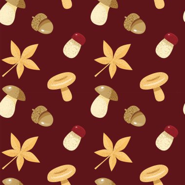 Autumn seamless pattern with mushrooms, acorn and yellow leaves