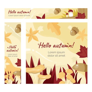 Set of autumn banners with mushrooms, leaves, acorns and rosehip