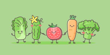 Cute vegetables go hand in hand after each other. Happy cabbage, cucumber, tomato, carrot and broccoli.