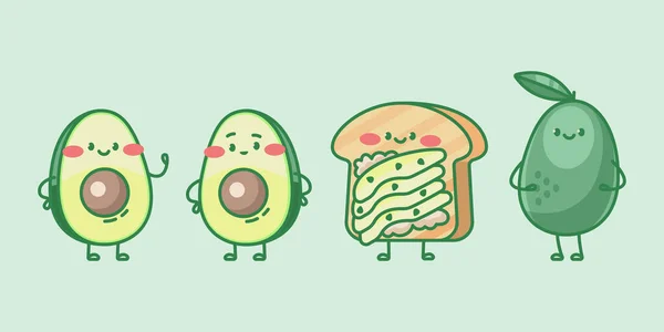 Cute Avocado Sandwich Characters Cartoon Vector Isolated Illustration — 스톡 벡터