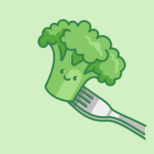 Cute Broccoli Character Fork Cartoon Vector Isolated Illustration — 스톡 벡터