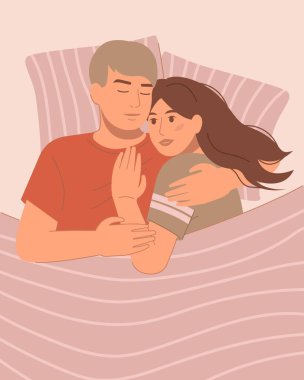 Yatakta uzanıp kucaklaşan romantik bir çift. Üst Manzara. Düz vektör illüstrasyonu