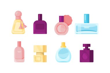 Set of different beautiful perfume bottles. Flat vector illustration