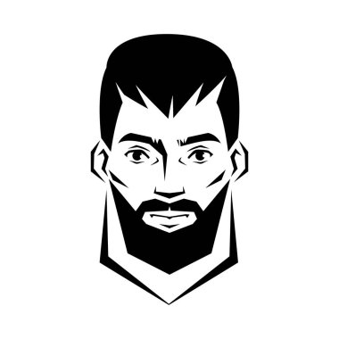 Black and white portrait of brutal young bearded man. Vector illustration