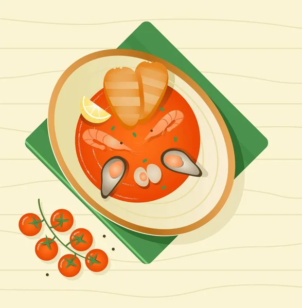 Красный Суп Морепродуктами Тарелке — стоковый вектор
