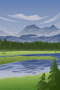 Beautiful mountains, sky, forest and river or lake. Vector landscape