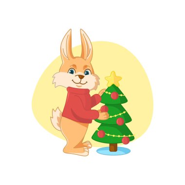 Örgü kırmızı kazaklı tavşan Noel ağacına dekor asıyor..