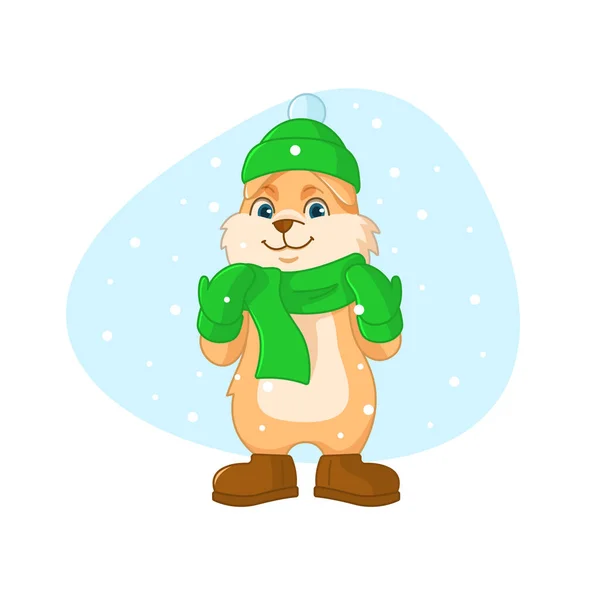 Rabbit Warm Winter Hat Scarf Mittens Background Falling Snow — Stock Vector