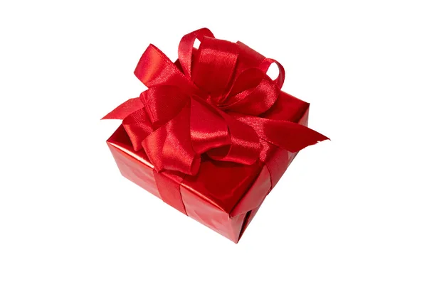 Caixa Presente Brilhante Vermelho Com Fita Cetim Arco Isolado Branco — Fotografia de Stock
