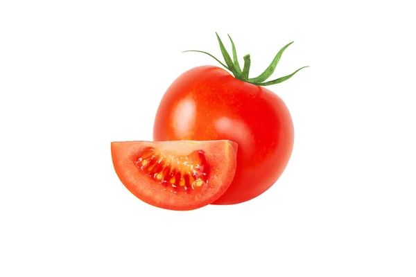Paradicsom Piros Teljes Zöldség Szelet Elszigetelt Fehér Alapon Solanum Lycopersicum — Stock Fotó