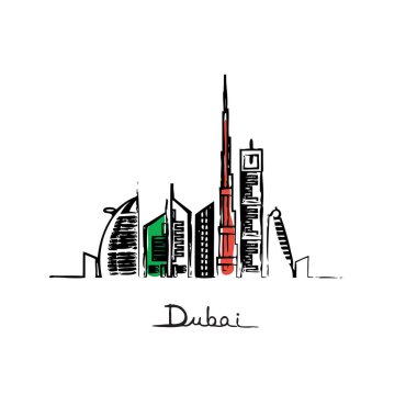 Gökdelenleri ve bayrak renkleriyle Dubai şehir manzarası