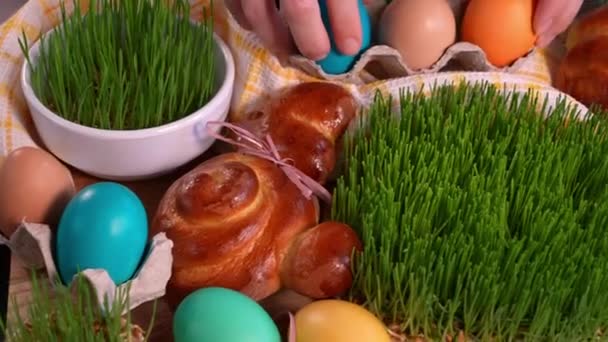 Dłonie Kobiety Składają Jaja Wielkanocne Świeżo Uprawianych Kiełkach Pszenicy Stół — Wideo stockowe