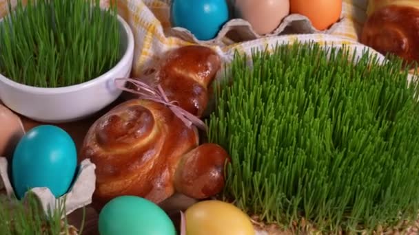 Primer Plano Las Golosinas Festivas Pascua Conejos Pascua Huevos Pascua — Vídeo de stock