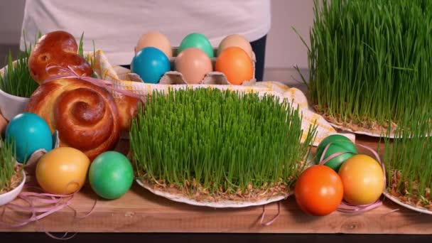 雌性手把复活节兔子和复活节彩蛋放在绿色发芽的小麦上 桌上摆满了喜庆的摆设 尽收眼底 — 图库视频影像
