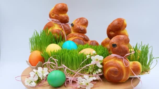 Baked Easter Bunnies Easter Eggs Decorated Wheat Sprouts Sprigs Cherry — Stock Video