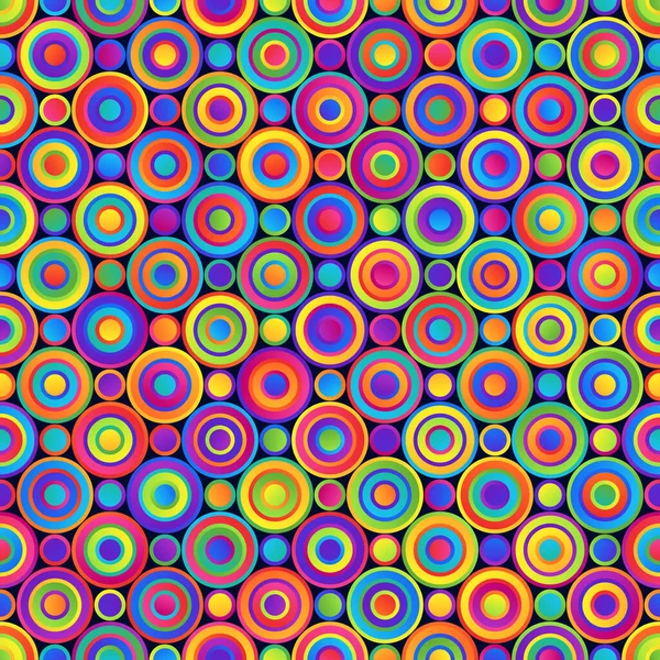 幾何学的な明るいカラフルなシームレスなパターンの対称円の異なる色 パッケージ パックペーパー 包装紙のための継続的な虹の背景 — ストックベクタ
