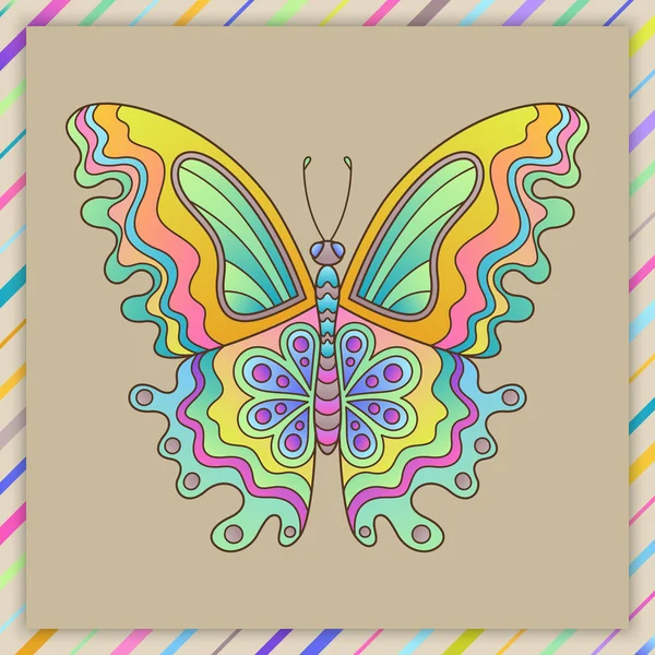 カードやポストカードのためのグラデーション色の公開明るいカラフルな漫画蝶 手描き蝶と装飾的な創造的な組成物 — ストックベクタ