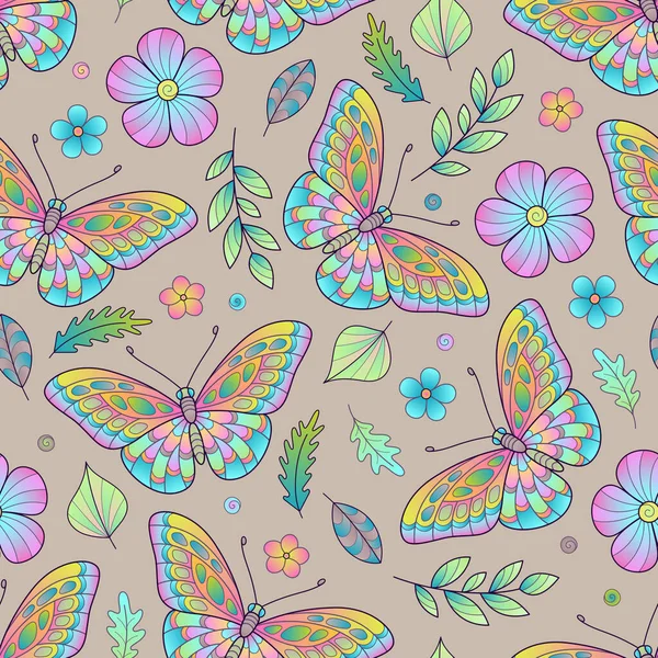 Spring Colorful Pastel Hand Drawn Seamless Pattern Gradient Butterflies Flowers — Stockvektor