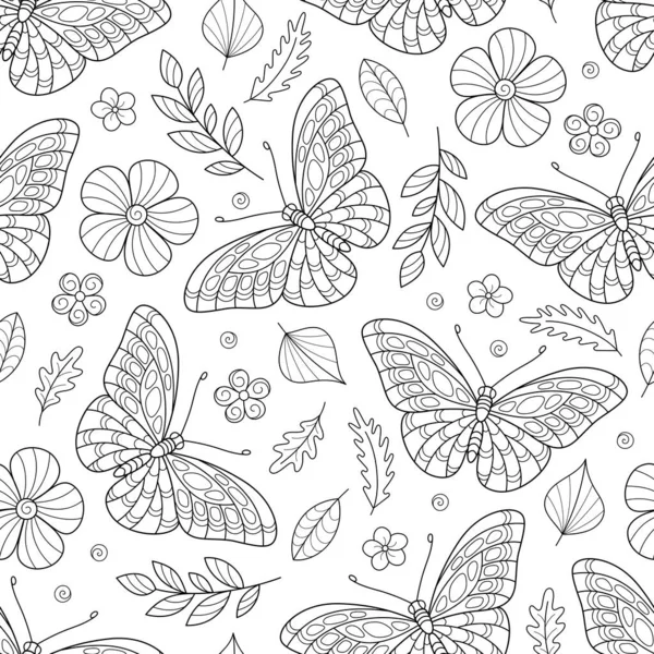 Wiosna Czarno Białe Ręcznie Rysowany Wzór Konturu Motyle Kwiaty Liście — Wektor stockowy