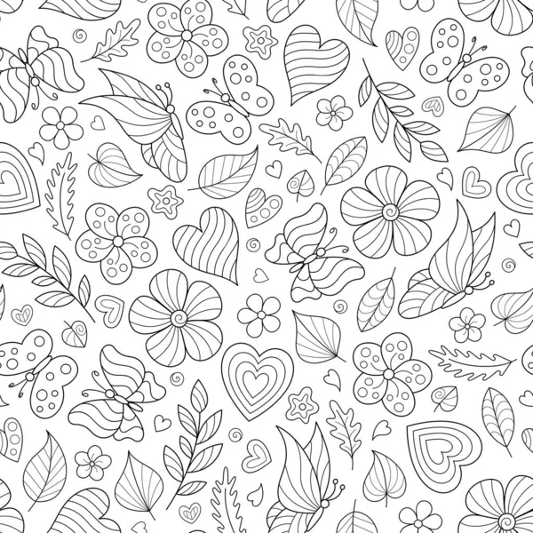 Floral Schwarz Weiß Handgezeichnete Nahtlose Muster Der Umrisse Schmetterlinge Blumen — Stockvektor