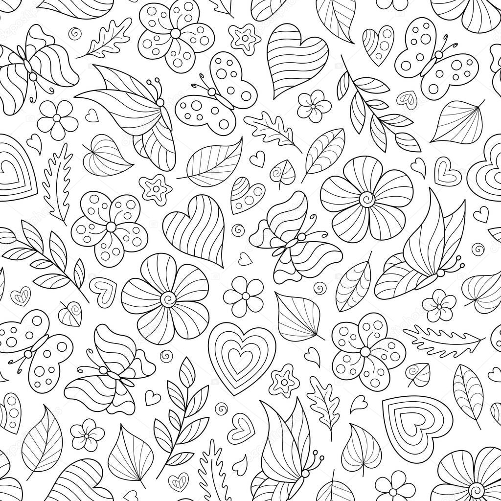 Floral Black and White Hand-drawn Seamless Pattern of Outline Butterflies, Flowers, Leaves, Twigs. Doodle Art. Contour bw Natural Continuous Motif for Page of Coloring Book.