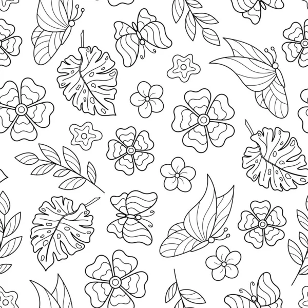 Yaz Siyah ve Beyaz El Çizimi Kelebeklerin, Çiçeklerin, Yaprakların, Dalların Çizimsiz Örnekleri. Doodle Sanat. Renk Kitabı Sayfası için Contour bw Doğal Süreklilik Motifi.