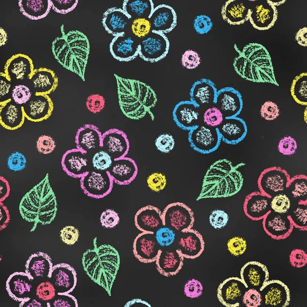 Seamless Pattern Chalk Drawn Sketches Flowers Leaves Chalkboard Backdrop Stylized — Stockový vektor