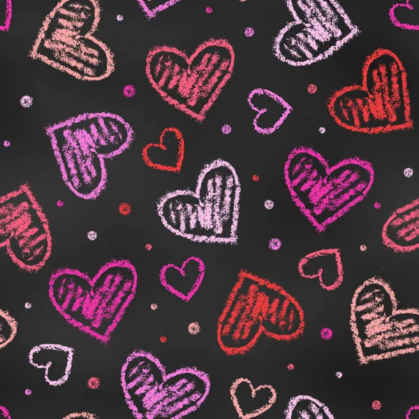 Seamless Pattern of Chalk Drawn Sketches Pink and Red Hearts on Chalkboard Backdrop. Stylized Romantic Grunge Endless Motif. Continuous Background of Realistic Crayon-Drawn Signs on Blackboard.