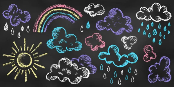 Gestaltungselemente Sonne Wolken Regen Tropfen Regenbogen Verschiedenen Farben Isoliert Auf — Stockvektor