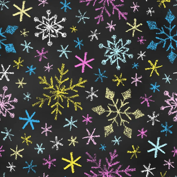 粉笔画蓝调 白色雪花在黑板背板上的无缝图案 风格华丽的Grunge无尽的运动 黑板上写实蜡笔画降雪的连续背景 — 图库矢量图片