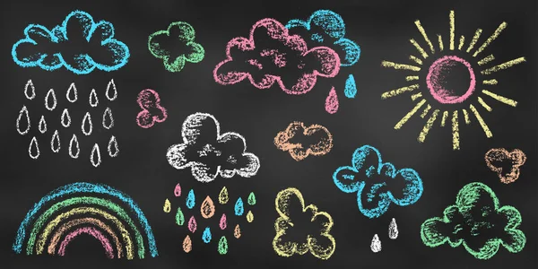 Dizayn Elementleri Gökkuşağı, Güneş, Bulutlar, Farklı Renklerin Damlaları Chalkboard Arkaplanı 'nda izole edildi. Gerçekçi Tebeşir, Gökyüzü Sembollerinin Çizimi. İlahi Nesnelerin Boya Malzemeleri.