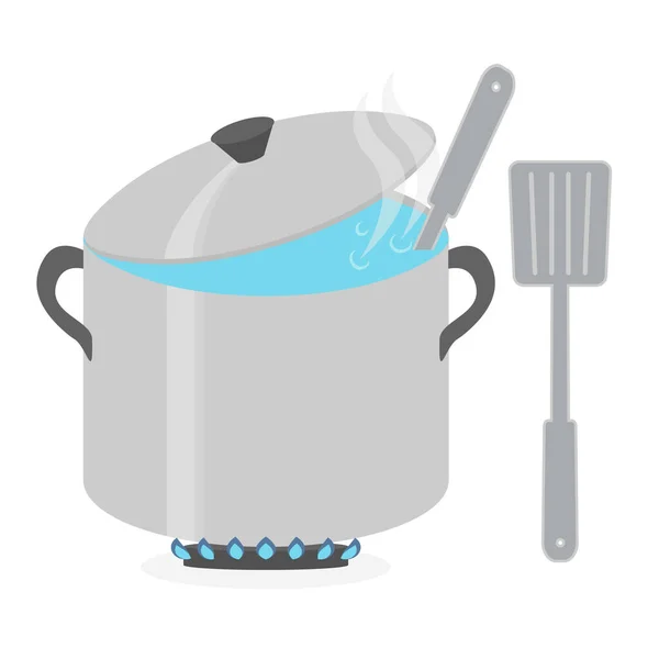 Large saucepan with water for soup ladle and skimmer. Cooking vector illustration design — Stock Vector