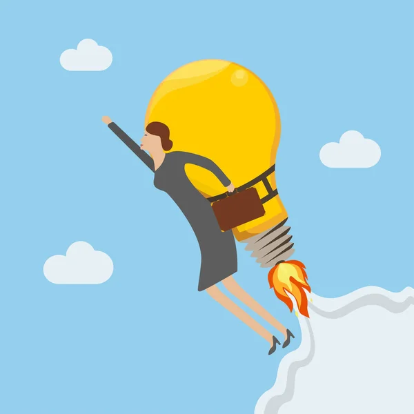 Businesswoman Light Bulb Jetpack Flying High Business Career Vector Illustration — ストックベクタ