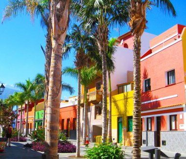 Puerto de la Cruz kasabasında, Tenerife, Kanarya Adaları, İspanya 'da renkli evler ve palmiye ağaçları. Volkan Tepesi manzarası