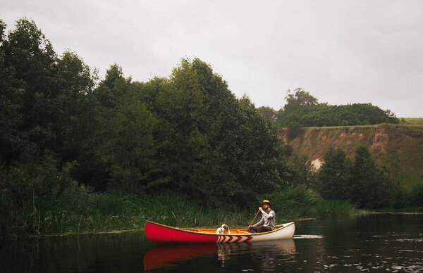 Man Canoe His Dog Beatiful Nature Park River Stock Picture