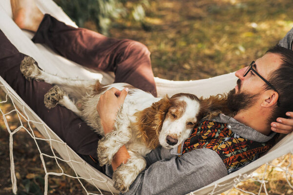 Person Sleeping His Dog Hammock Beautiful Summer Scene Stock Image