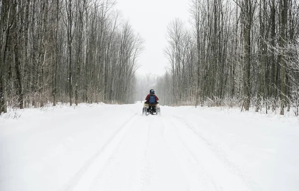Fyrhjuling Kör Iväg Genom Den Snöiga Skogen Vinteraktiviteter Utomhus Cykla — Stockfoto