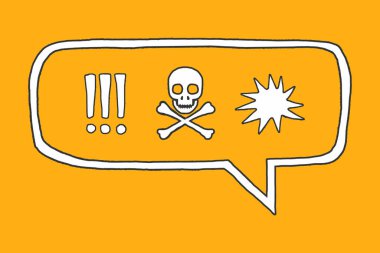 Ünlem işaretleri, ölüm, kafatası ve kemikler ve turuncu arka planda patlama izleri olan el çizimi bir konuşma balonu. Negatif duyguların, saldırganlığın ve nefretin basit ve ilkel karalama tarzı.