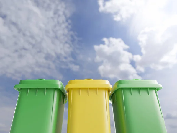 Garbage bins against the skies, 3d render illustration. Sorting trash or litter, recycling concept, clean and neat copy space background, vivid colors