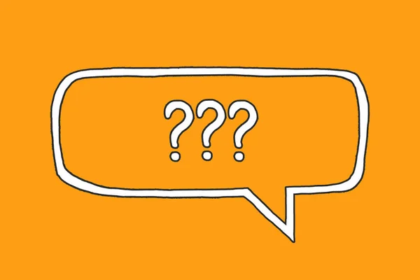 Hand drawn speech bubble with signs of question marks against orange background. Simple and primitive doodle style illustration of misunderstanding, questions, faq