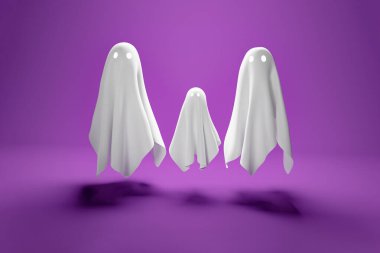 Uçan beyaz battaniye gibi ürkütücü hayaletler, üç boyutlu çizimler. Cadılar Bayramı ve şenlikli sonbahar temaları ve sembolleri, aile tatili kavramları