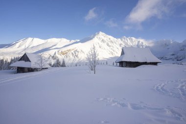 Arka planda tepeler olan kış manzaralı eski kulübeler. Gasienicowa Vadisi. Tatra Dağları.