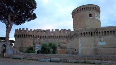 Panning right on Julius II s castle a wonderful well preserved Renaissance military architecture located at Ostia Antica, Rome Italy