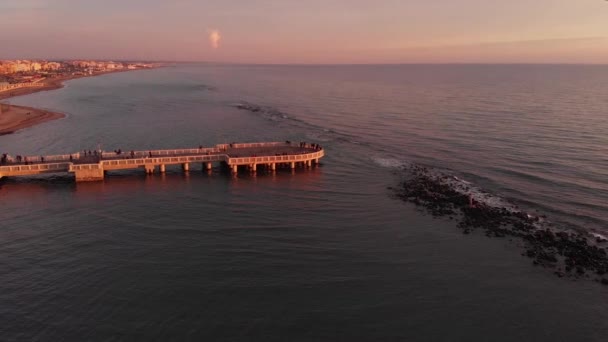 Aerial Panning Right Rome Coast Famous Pedestrian Pier Landmark Sunset — Stock video