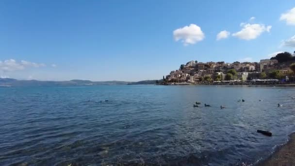 在布拉西亚诺湖畔泛舟 有许多鸟儿在清澈的水中游泳 还有中世纪村庄安吉拉萨巴齐亚美丽的古老天际 — 图库视频影像